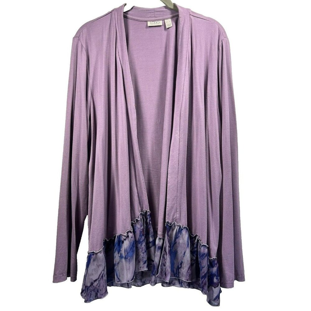 LOGO Lori Goldstein Jacket Large Purple Sheer‎ Ruffle Floral Long Sleeve Stretch